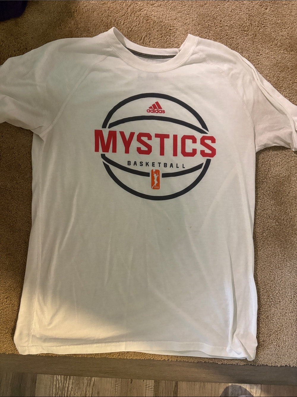 adidas White Mystics Basketball Graphic Tee with Red and Navy Accents